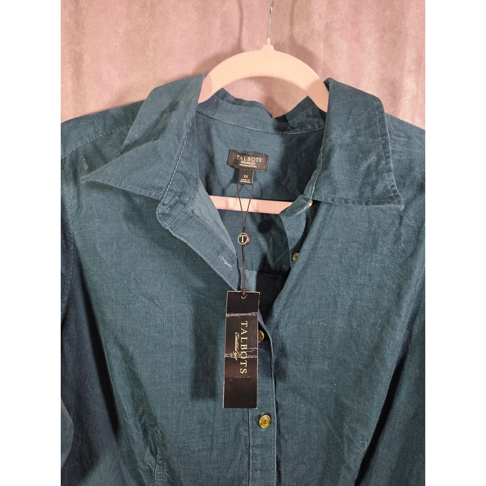 Talbots Woman Green Corduroy Button Down Shirt Gold Buttons NWT 1X - Picture 3 of 8